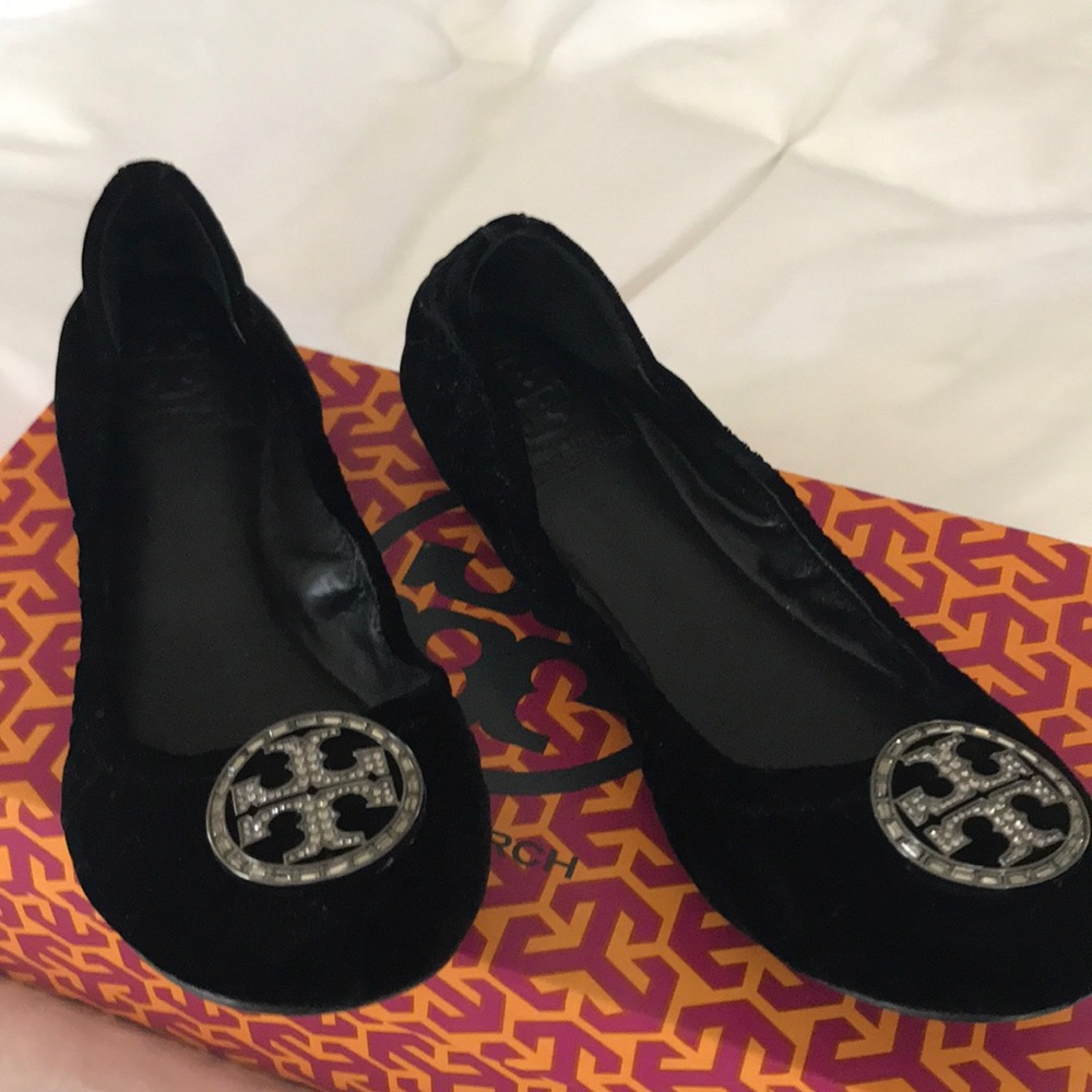 Black suede ballet slippers.  Jewel Emblem